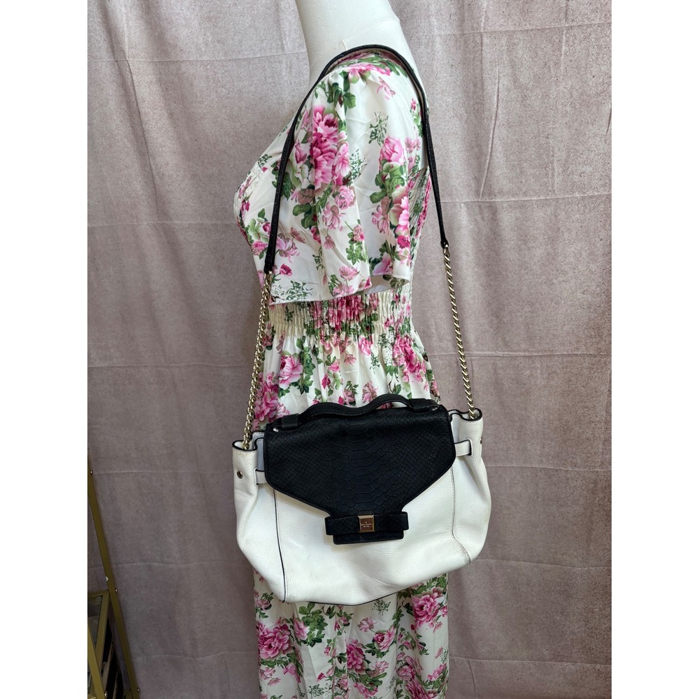 Kate Spade White Pebbled Leather Black Snakeskin Embossed Bow Crossbody Bag